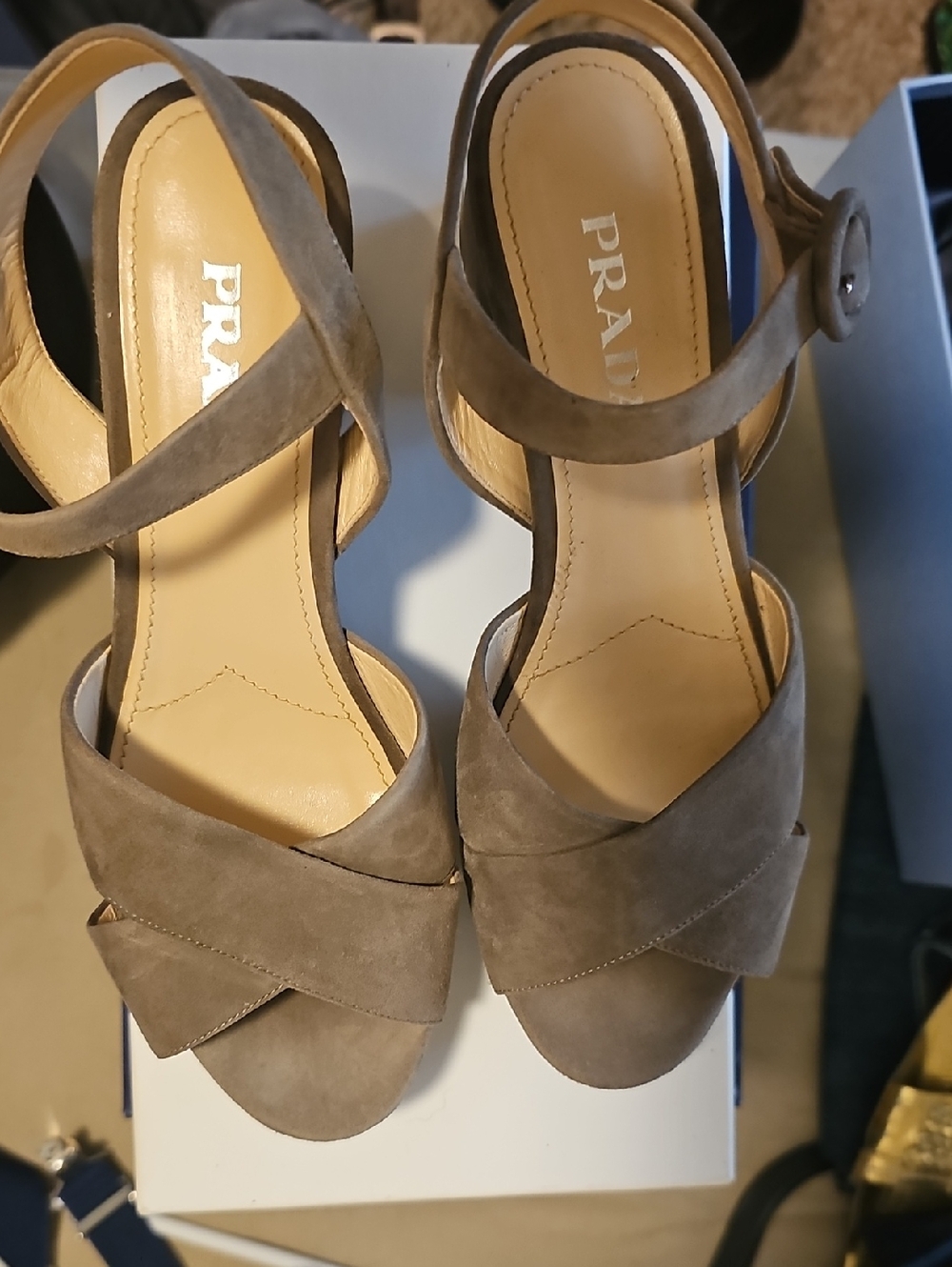 Prada Taupe Suede Crisscross Ankle-Strap Heels
